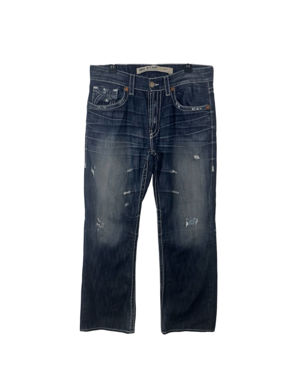Big Star Pioneer Bootcut Jeans 34R Blue The Legendary Distressed Thick Stitch